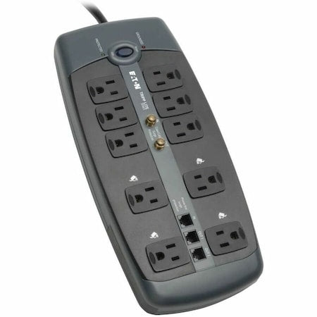 Power Strip, Surge, Tel/Modem/Coaxial Protection, 10 5-15R, 5-15P, 8 ft., Black