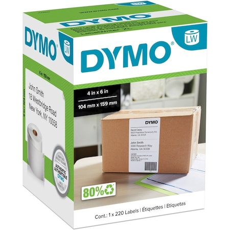 Printer Label, 6 in Label W, 4 in Label H, 220 Labels per Roll, Black/White