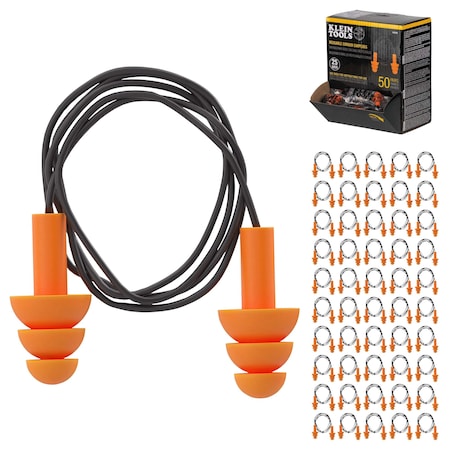 Reusable TPE Earplugs, Triple-Flanged Shape, 25 dB, Orange, 50 PK