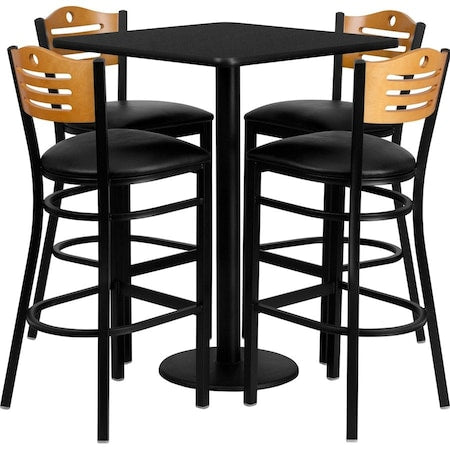 Square Blk Bar Table, Square w/Black Seats, 30", Laminate Top, Wood Grain