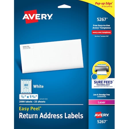 Laser Label, 1 3/4 in Label W, 1/2 in Label H, 80 Labels per Sheet White