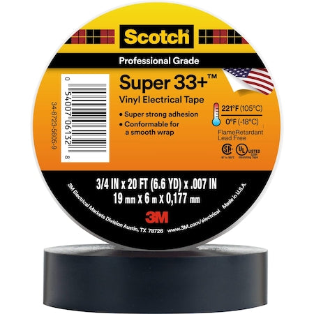 Vinyl Electrical Tape, 3/4 in W x 20 ft L, 7 mil Thick, Black, Scotch Super 33+, 10 Pk