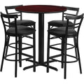 Round Mahogany Bar Table, X-Base, Blk Seats, 24", 24" L, 24" W, 42" H, Laminate Top, Wood Grain
