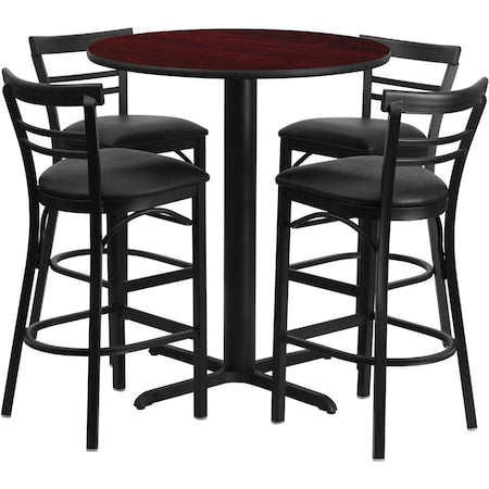 Round Mahogany Bar Table, X-Base, Blk Seats, 24", 24" L, 24" W, 42" H, Laminate Top, Wood Grain