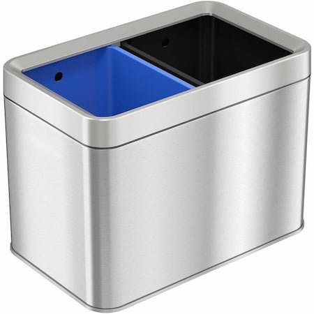 5 gal Rectangular Indoor Metal Can, Silver, Dual Compartment Open Top, Stainless Steel, 10.24 in