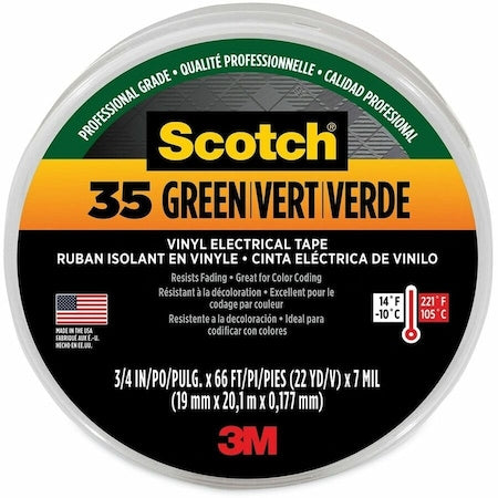Vinyl Electrical Tape, 35, Scotch, 3/4 in W x 66 ft L, 7 mil thick, Green