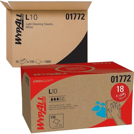 WypAll General Clean L10 Light Cleaning Towels (01772), Dairy Towels, 1-PLY, Pop-Up Box, White, PK18