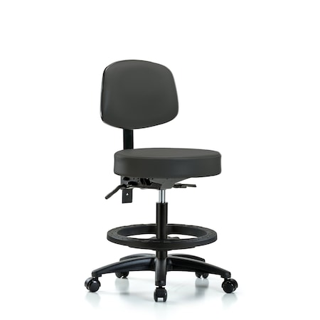Vin Stool with Back-Medium Bench Height with Black Foot Ring and Casters in Charcoal Trailblazer Vin