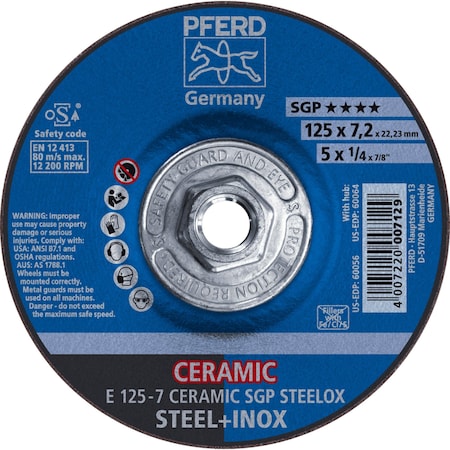 5" x 1/4 Grinding Wheel, 5/8-11 Thd. - CERAMIC SGP STEELOX - Type 27