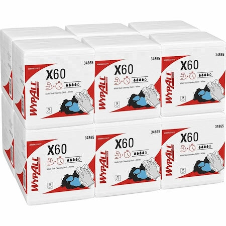 WypAll GeneralClean X60 Multi-Task Cleaning Cloths 34865, Quarterfold, Strong & Absorbent, White, PK12