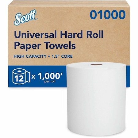 Scott Essential Universal Hi-Capacity Hard Roll Towels, 1.5" Core, White, 1, 000'/Roll, 12PK
