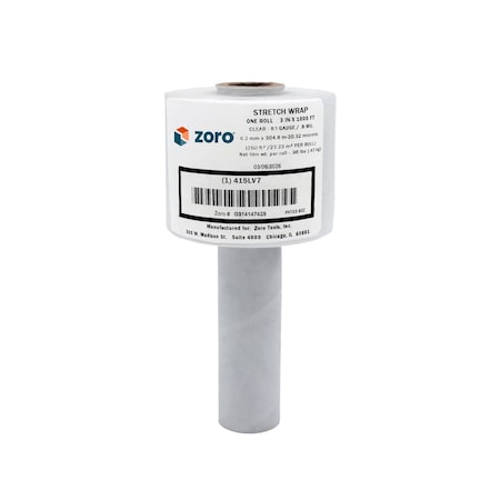 Hand Stretch Wrap, 3 in W x 1, 000 ft L, 80 ga, Clear, 1 Roll