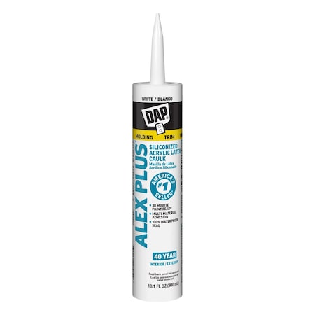 Silicone Caulk, 10 oz, Cartridge, White, Silicone Base, ALEX PLUS