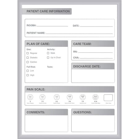 Patient Room Board, Steel, 36 in, 24 in, Aluminum Frame, White/Gray, Gloss