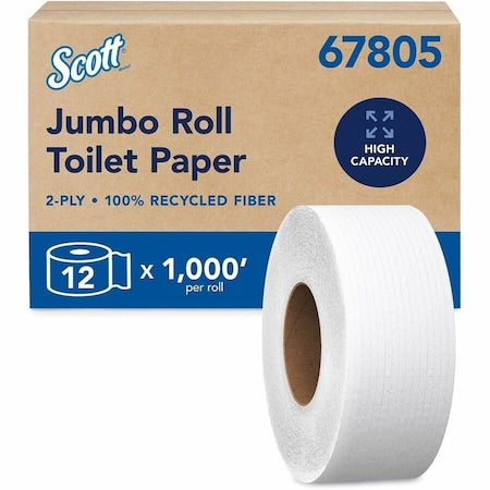 Scott 100% Recycled Fiber Hi-Capacity Jumbo Roll Toilet Paper, Non-perforated, 1,000'/Roll, 12PK