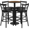 Round Walnut Bar Tble, Rnd Base w/Blk Seats, 24", Laminate Top, Wood Grain