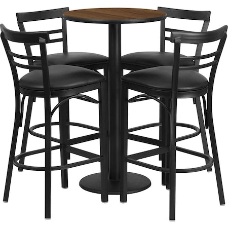 Round Walnut Bar Tble, Rnd Base w/Blk Seats, 24", Laminate Top, Wood Grain