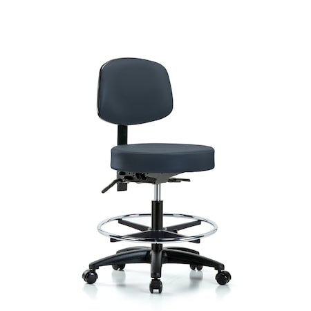 Vin Stool with Back-Medium Bench Ht with Chrome Foot RingandCasters in Imperial Blue Trailblazer Vin