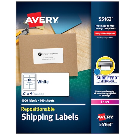 Laser Mailing Label, 4 in Label W, 2 in Label H, 10 Labels per Sheet White