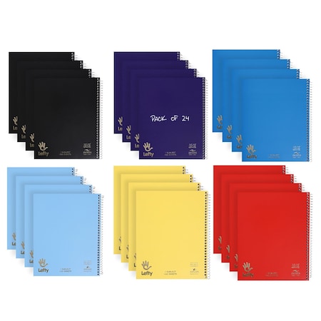 Case of Lefty WB Left Handed Notebooks, 1 Sub, 8.5"x10.5", 100 sht, Right Side Wire, Asstd Colors, PK24
