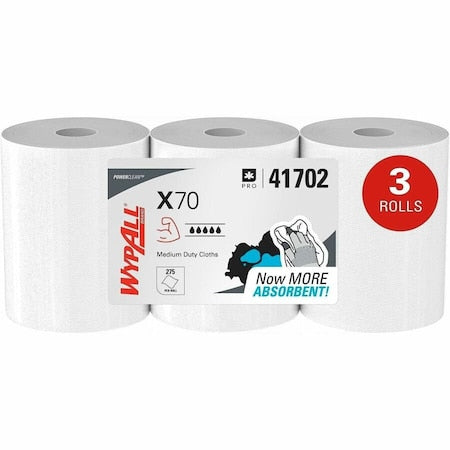 Power Clean X70 Medium Duty Cloths, Center Pull Roll, Long Lasting, White, 3 PK