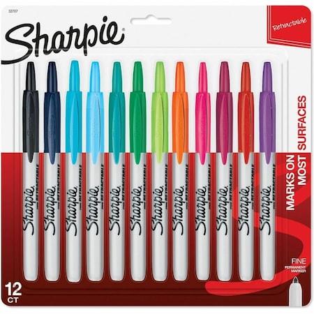 Permanent Marker, Assorted Colors, Fine Tip, Capped, 12 PK