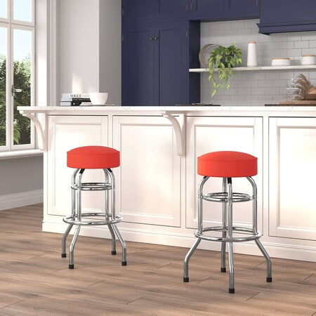 Double Ring Chrome Barstool with Red Seat, PK2