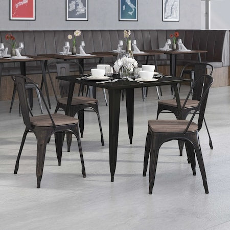 Black-Antique Gold Metal Stackable Chair with Wood Seat, PK4