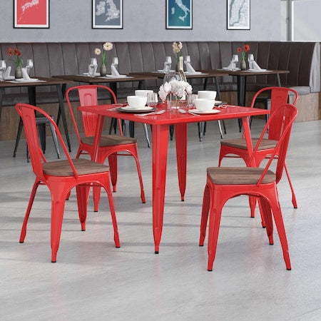 Red Metal Stackable Chair with Wood Seat, PK4