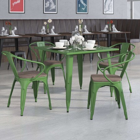 Green Metal Chair with Wood Seat and Arms, PK4
