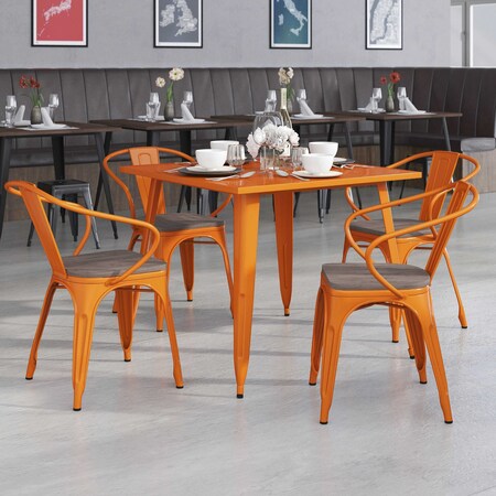 Orange Metal Chair with Wood Seat and Arms, PK4