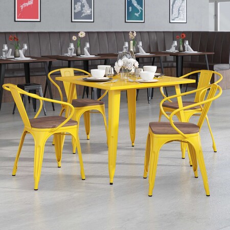 Yellow Metal Chair with Wood Seat and Arms, PK4