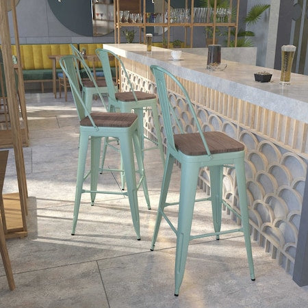 Mint Green Metal Barstool with Back and Wood Seat, 30" High, PK4
