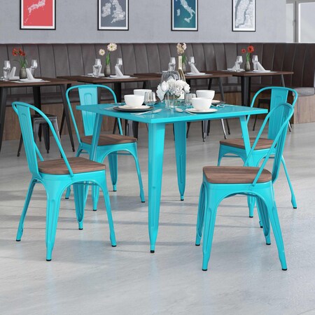 Crystal Teal-Blue Metal Stackable Chair with Wood Seat, PK4