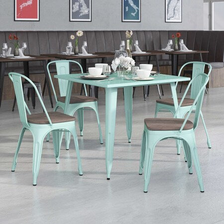 Mint Green Metal Stackable Chair with Wood Seat, PK4