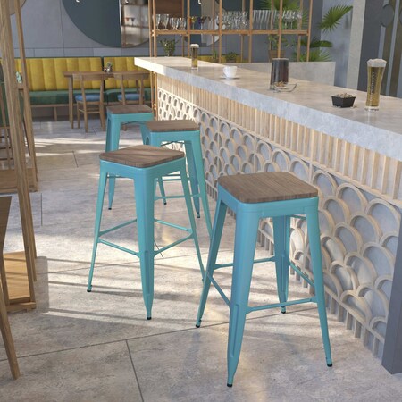 Teal No Back Metal Stool, 30", PK4