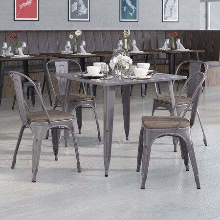 Lincoln 4 Pack Silver Antique Finish with Clear Coat Metal Stackable Chair with Wood Seat
