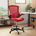 Kelista Mid-Back Red Mesh Ergonomic Drafting Chair with Adjustable Foot Ring and Flip-Up Arms