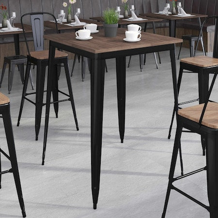 Square Square Black Metal Bar Table, 31.5", 31.5" W, 31.5" L, 42" H, Wood, Wood Grain
