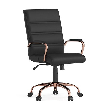 Black Leather Rose Gold Frame Mid-Back Chair