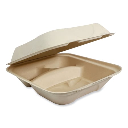 Fiber Hinged Containers, 3-Compartment, 8.8 x 8.2 x 2.9, Natural, Paper, 300PK