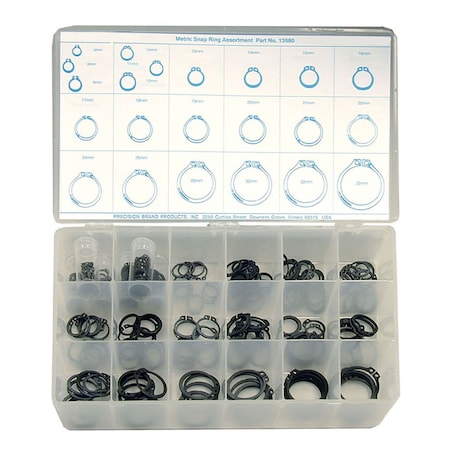 External Retaining Ring Assortment, Spring Steel, Black Phosphate Finish, 295 Pieces