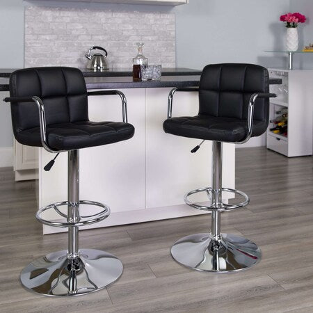 Black Quilted Vinyl Adjustable Height Barstool, Arms, Chrome Base, PK2