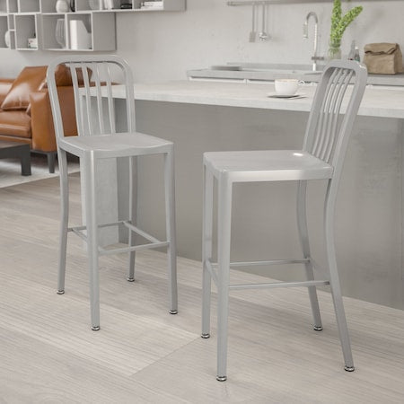 2PK 30" High Silver Metal Barstool with Slat Back