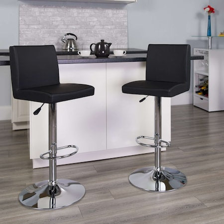 Black Vinyl Adjustable Height Barstool, Panel Back, Chrome Base, PK2