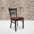 Black ''X'' Back Metal Restaurant Chair, Burgundy Vinyl Seat, PK2