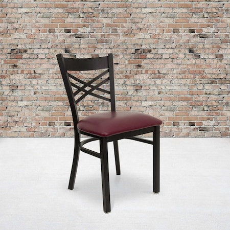 Black ''X'' Back Metal Restaurant Chair, Burgundy Vinyl Seat, PK2