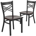 Black ''X'' Back Metal Restaurant Chair, Walnut Wood Seat, PK2