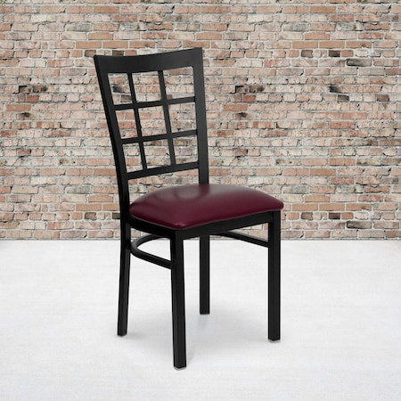 Black Window Back Metal Restaurant Chair, Burgundy Vinyl Seat, PK2