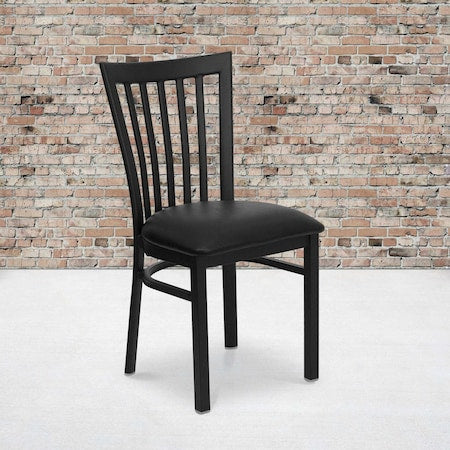 Black School House Back Metal Restaurant Chair, Black Vinyl Seat, PK2